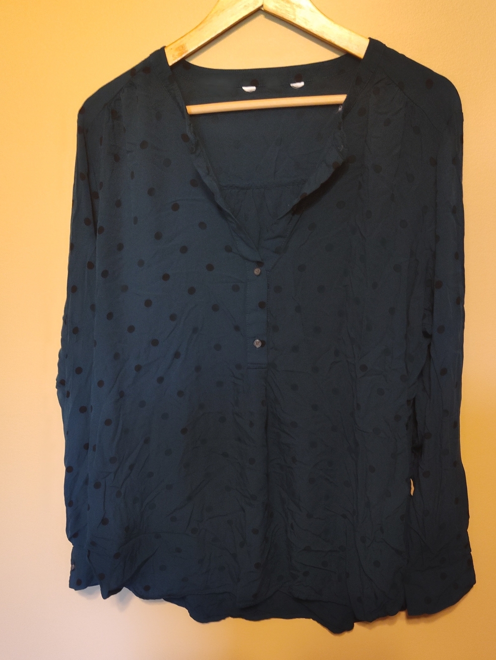 Womens Dark Teal Polka Dot Long-Sleeve Blouse
